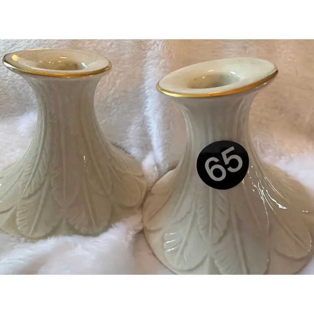 Pair Lenox Cream Gold Trim Feather Candle Holders Candlesticks Made USA 4.25